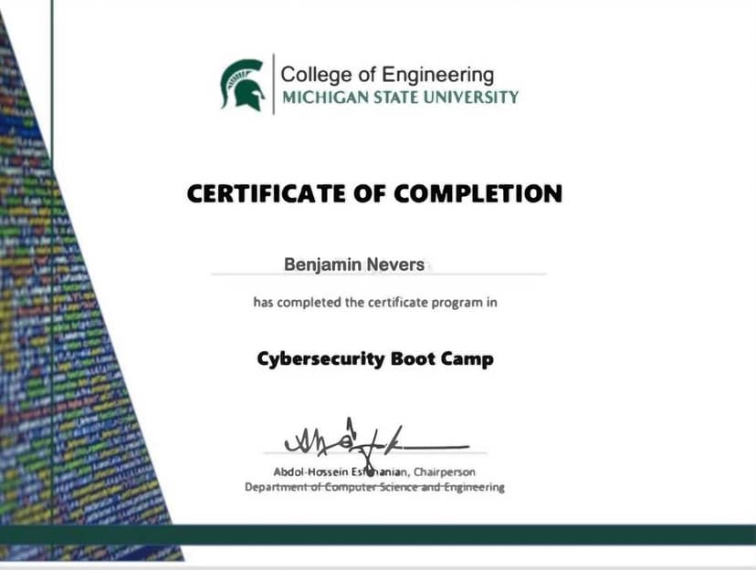 Michigan State University — Cybersecurity Boot Camp Certificate of Completion